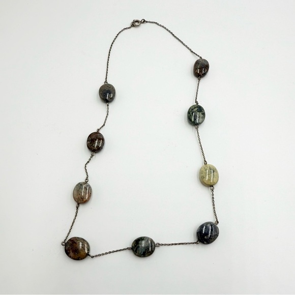 Natural Gemstone Serpentine Silver Tone Beaded Necklace - Picture 4 of 6